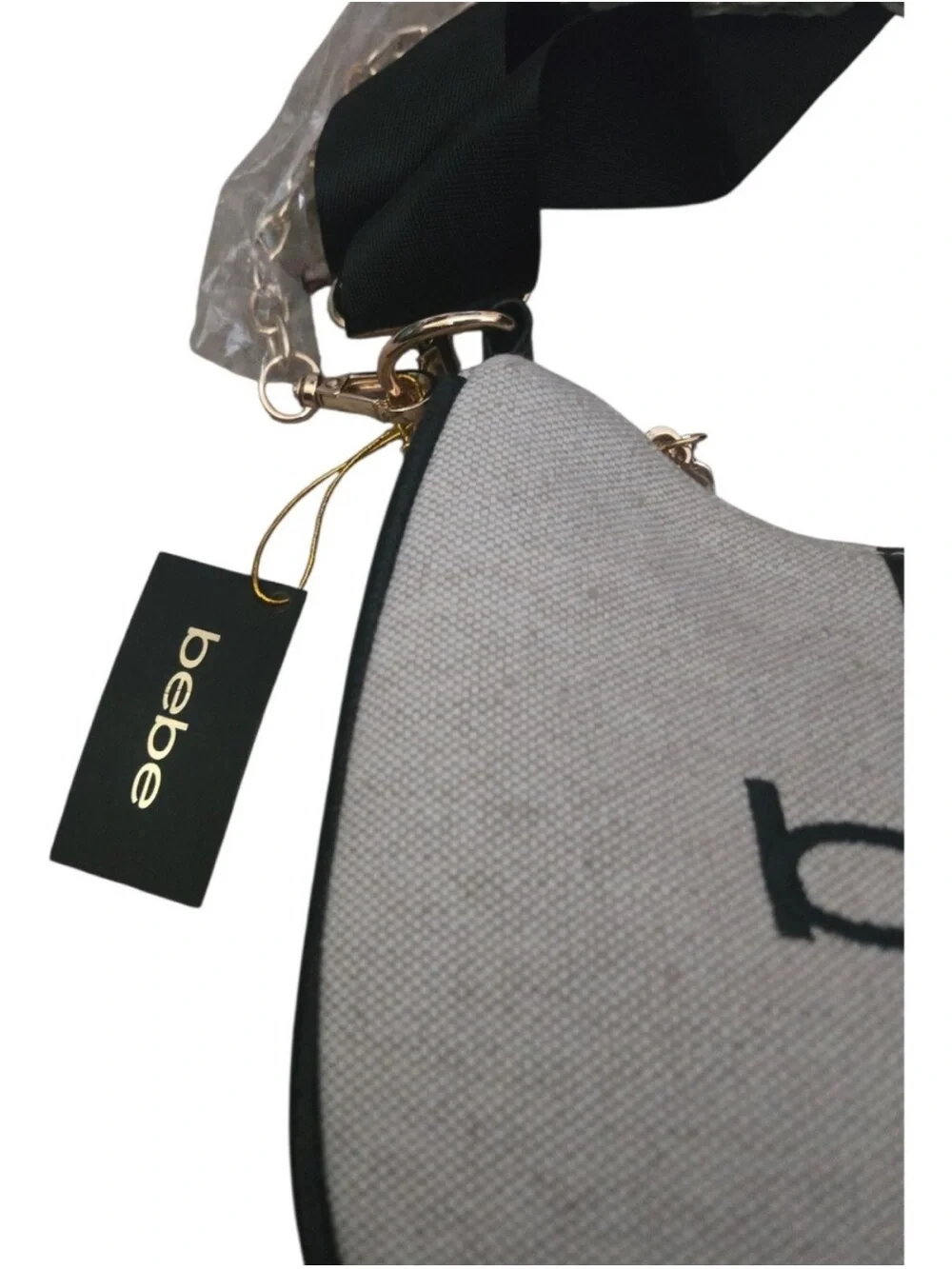 bebe Cream and Black Logo Shoulder Bag with Gold Chain and FREE COIN POUCH
